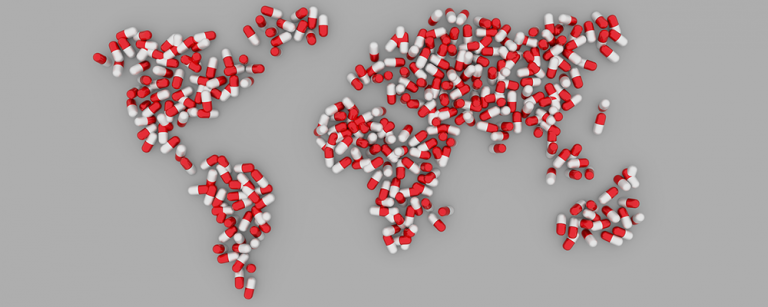 World map made up of medicines
